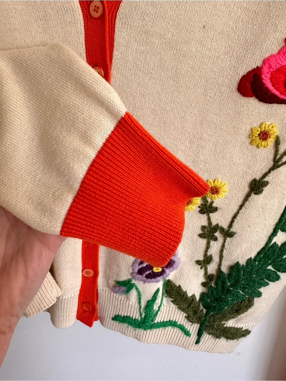 Vintage Lucky Brand Cream V-Neck Cardigan w/ Orange Trim & Floral Embroidery - Picture 12 of 16